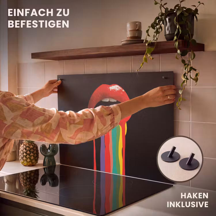 2-in-1 Herdabdeckplatte & Spritzschutz - Lippen - Farben - Schwarz - Lippen - Kleuren - Zwart Inductie beschemer met haakjes klein