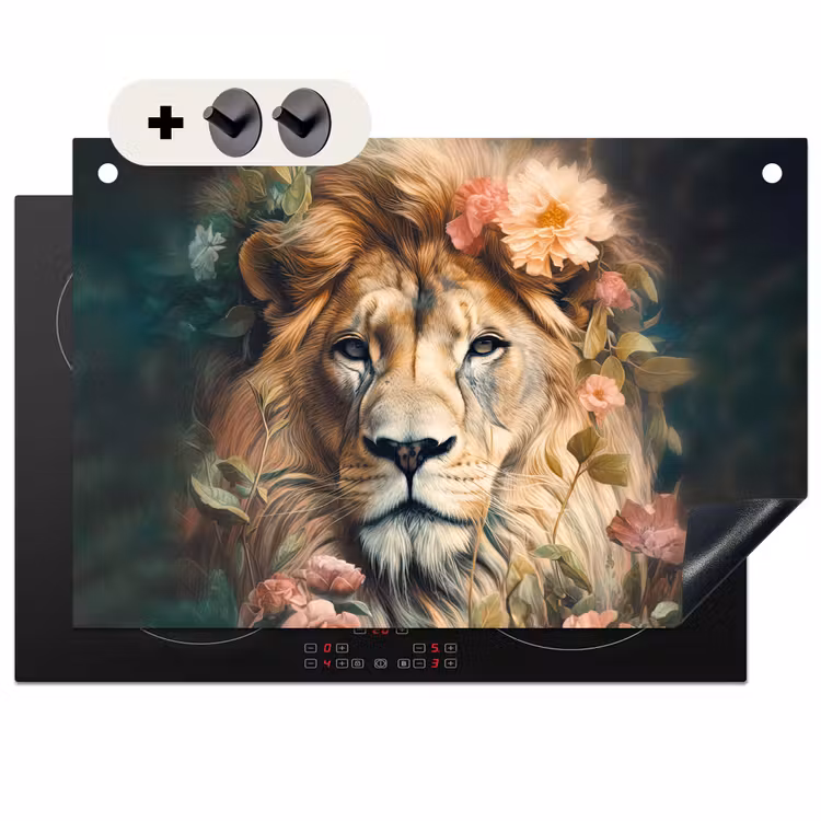 2-in-1 Herdabdeckplatte & Spritzschutz - Löwe - Löwenkopf - Wilde Tiere - Blumen - Leeuw - Leeuwenkop - Wilde dieren - Bloemen Inductie beschemer met haakjes klein