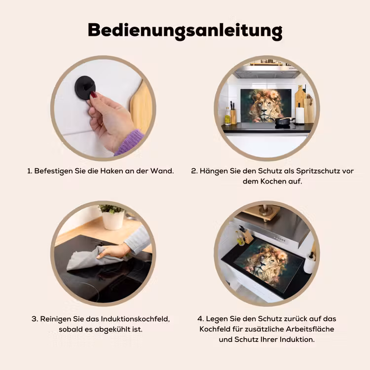 2-in-1 Herdabdeckplatte & Spritzschutz - Löwe - Löwenkopf - Wilde Tiere - Blumen - Leeuw - Leeuwenkop - Wilde dieren - Bloemen Inductie beschemer met haakjes klein