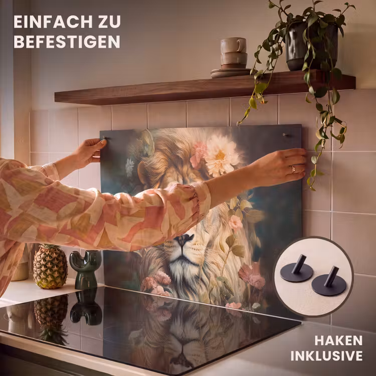 2-in-1 Herdabdeckplatte & Spritzschutz - Löwe - Löwenkopf - Wilde Tiere - Blumen - Leeuw - Leeuwenkop - Wilde dieren - Bloemen Inductie beschemer met haakjes klein