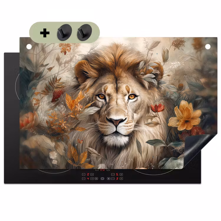 2-in-1 Herdabdeckplatte & Spritzschutz - Löwe - Wildtiere - Pflanzen - Natur - Blumen - Leeuw - Wilde dieren - Planten - Natuur - Bloemen Inductie beschemer met haakjes klein