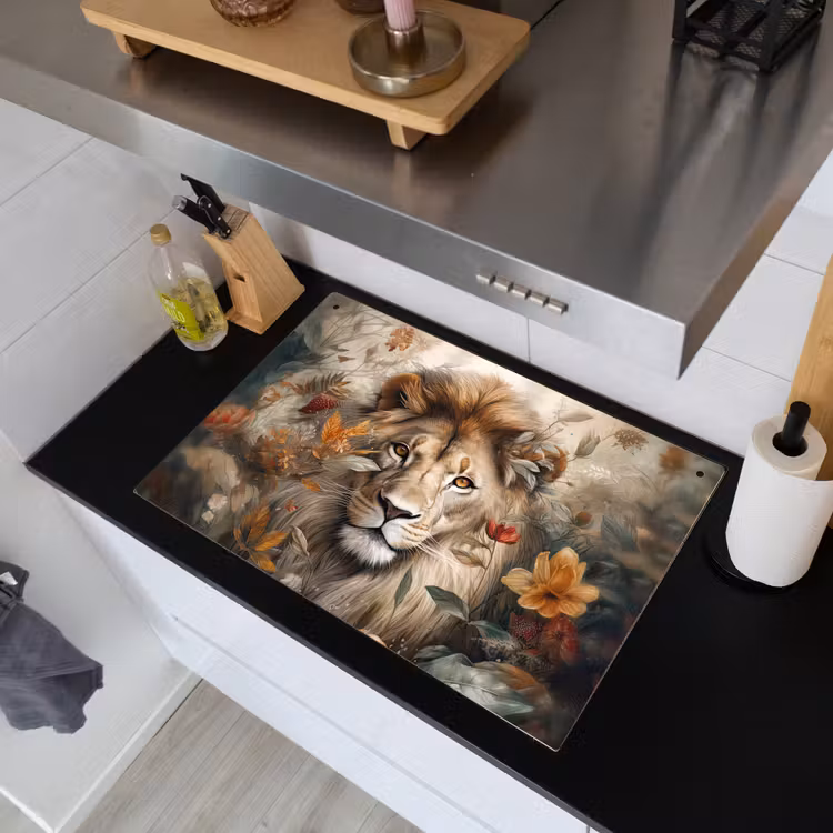 2-in-1 Herdabdeckplatte & Spritzschutz - Löwe - Wildtiere - Pflanzen - Natur - Blumen - Leeuw - Wilde dieren - Planten - Natuur - Bloemen Inductie beschemer met haakjes klein