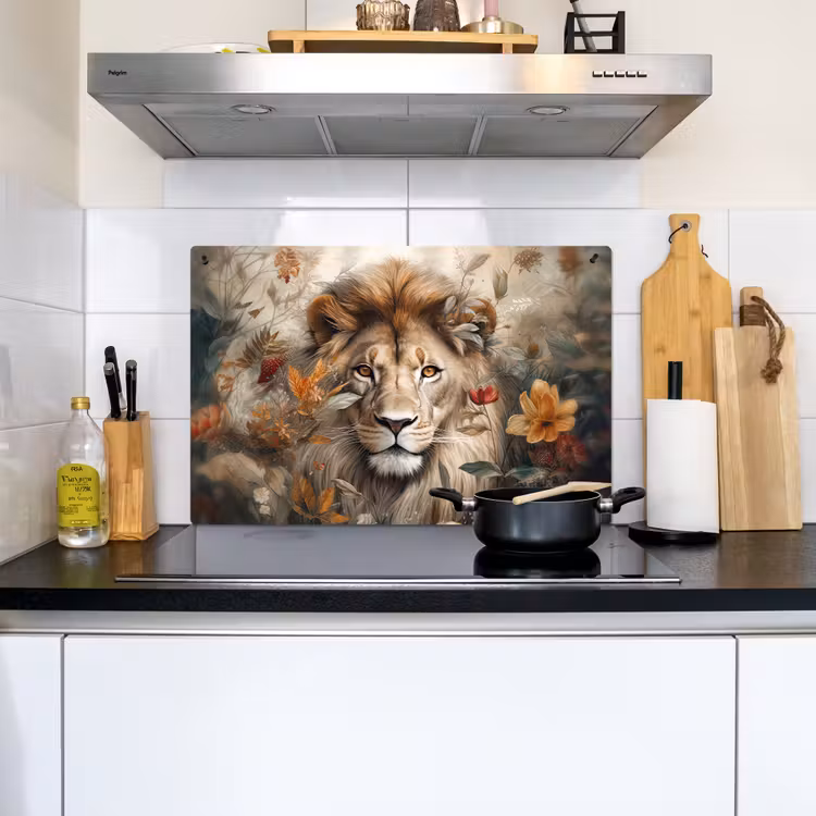 2-in-1 Herdabdeckplatte & Spritzschutz - Löwe - Wildtiere - Pflanzen - Natur - Blumen - Leeuw - Wilde dieren - Planten - Natuur - Bloemen Inductie beschemer met haakjes klein