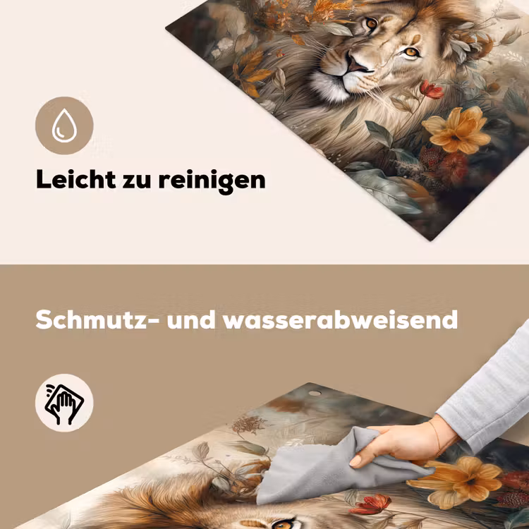 2-in-1 Herdabdeckplatte & Spritzschutz - Löwe - Wildtiere - Pflanzen - Natur - Blumen - Leeuw - Wilde dieren - Planten - Natuur - Bloemen Inductie beschemer met haakjes klein