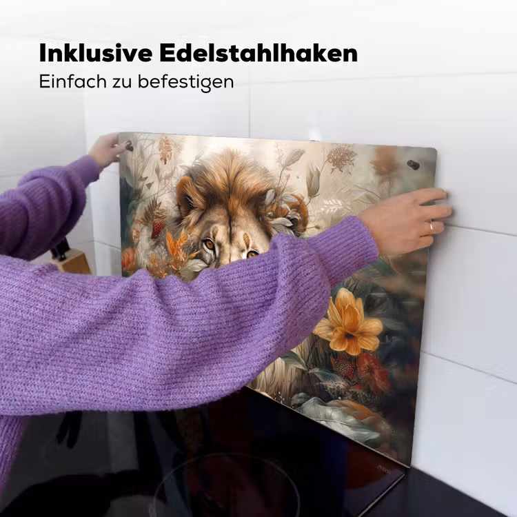 2-in-1 Herdabdeckplatte & Spritzschutz - Löwe - Wildtiere - Pflanzen - Natur - Blumen - Leeuw - Wilde dieren - Planten - Natuur - Bloemen Inductie beschemer met haakjes klein