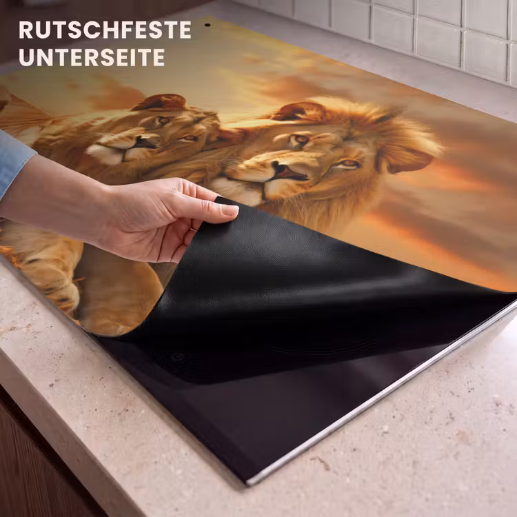 2-in-1 Herdabdeckplatte & Spritzschutz - Löwen - Sonnenuntergang - Afrika - Savanne - Tiere - Leeuwen - Zonsondergang - Afrika - Savanne - Dieren Inductie beschemer met haakjes klein