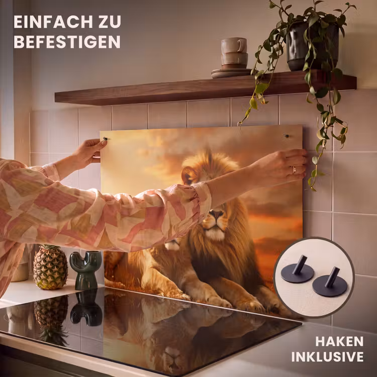 2-in-1 Herdabdeckplatte & Spritzschutz - Löwen - Sonnenuntergang - Afrika - Savanne - Tiere - Leeuwen - Zonsondergang - Afrika - Savanne - Dieren Inductie beschemer met haakjes klein