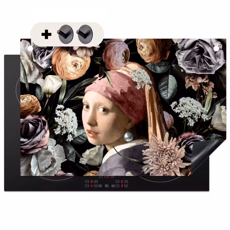 2-in-1 Herdabdeckplatte & Spritzschutz - Mädchen mit Perlenohrring - Blumen - Vermeer - Pastell - Kunstwerk - Gemälde - Alte Meister - Meisje met de parel - Bloemen - Vermeer - Pastel - Kunstwerk - Schilderij - Oude meesters Inductie beschemer met haakjes klein