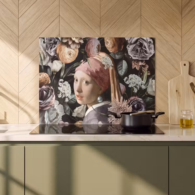 2-in-1 Herdabdeckplatte & Spritzschutz - Mädchen mit Perlenohrring - Blumen - Vermeer - Pastell - Kunstwerk - Gemälde - Alte Meister - Meisje met de parel - Bloemen - Vermeer - Pastel - Kunstwerk - Schilderij - Oude meesters Inductie beschemer met haakjes klein