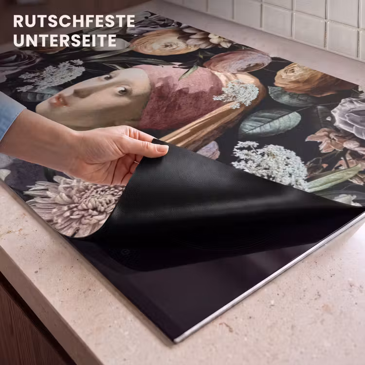 2-in-1 Herdabdeckplatte & Spritzschutz - Mädchen mit Perlenohrring - Blumen - Vermeer - Pastell - Kunstwerk - Gemälde - Alte Meister - Meisje met de parel - Bloemen - Vermeer - Pastel - Kunstwerk - Schilderij - Oude meesters Inductie beschemer met haakjes klein