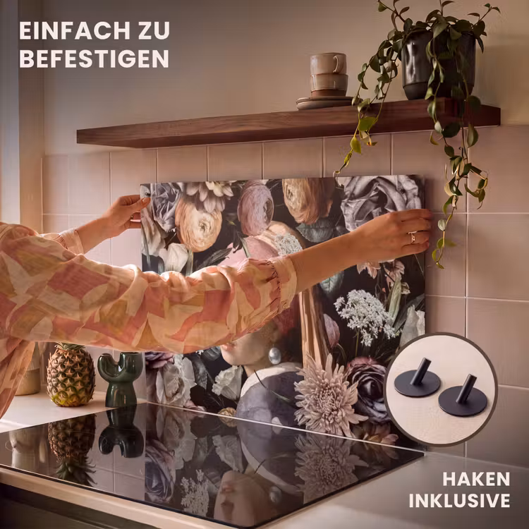 2-in-1 Herdabdeckplatte & Spritzschutz - Mädchen mit Perlenohrring - Blumen - Vermeer - Pastell - Kunstwerk - Gemälde - Alte Meister - Meisje met de parel - Bloemen - Vermeer - Pastel - Kunstwerk - Schilderij - Oude meesters Inductie beschemer met haakjes klein
