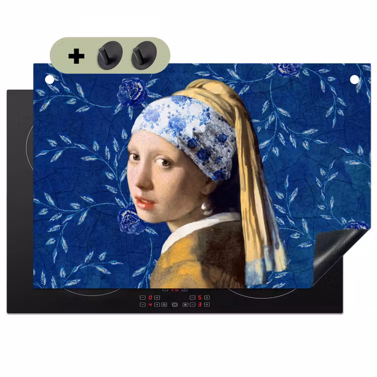 2-in-1 Herdabdeckplatte & Spritzschutz - Mädchen mit Perlenohrring - Delfter Blau - Vermeer - Blumen - Gemälde - Alte Meister - Meisje met de parel - Delfts blauw - Vermeer - Bloemen - Schilderij - Oude meesters Inductie beschemer met haakjes klein