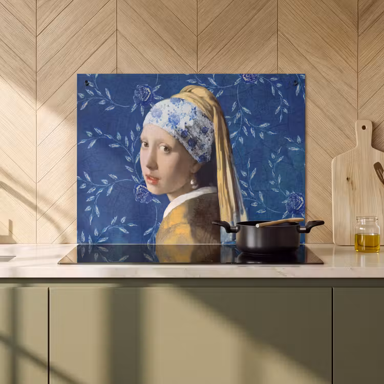 2-in-1 Herdabdeckplatte & Spritzschutz - Mädchen mit Perlenohrring - Delfter Blau - Vermeer - Blumen - Gemälde - Alte Meister - Meisje met de parel - Delfts blauw - Vermeer - Bloemen - Schilderij - Oude meesters Inductie beschemer met haakjes klein