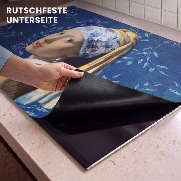 2-in-1 Herdabdeckplatte & Spritzschutz - Mädchen mit Perlenohrring - Delfter Blau - Vermeer - Blumen - Gemälde - Alte Meister - Meisje met de parel - Delfts blauw - Vermeer - Bloemen - Schilderij - Oude meesters Inductie beschemer met haakjes klein