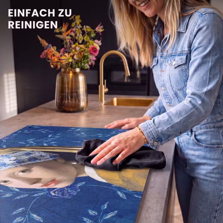 2-in-1 Herdabdeckplatte & Spritzschutz - Mädchen mit Perlenohrring - Delfter Blau - Vermeer - Blumen - Gemälde - Alte Meister - Meisje met de parel - Delfts blauw - Vermeer - Bloemen - Schilderij - Oude meesters Inductie beschemer met haakjes klein