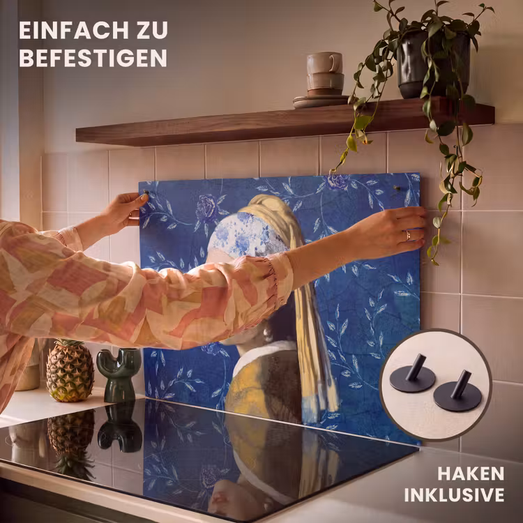2-in-1 Herdabdeckplatte & Spritzschutz - Mädchen mit Perlenohrring - Delfter Blau - Vermeer - Blumen - Gemälde - Alte Meister - Meisje met de parel - Delfts blauw - Vermeer - Bloemen - Schilderij - Oude meesters Inductie beschemer met haakjes klein