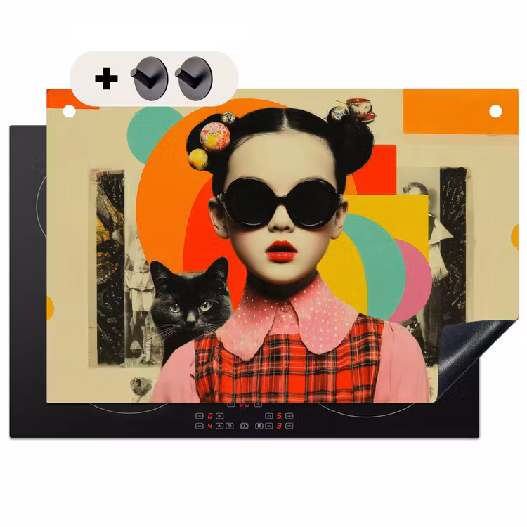 2-in-1 Herdabdeckplatte & Spritzschutz - Mädchen - Sonnenbrille - Katze - Retro - Meisje - Zonnebril - Kat - Retro Inductie beschemer met haakjes klein