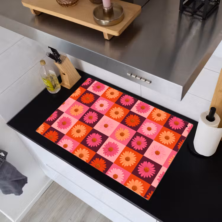 Madeliefjes - Dambord - Retro - Roze - Oranje Inductie beschemer met haakjes klein 777 -sfeer1