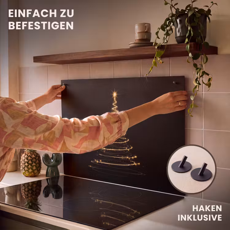 2-in-1 Herdabdeckplatte & Spritzschutz - Magie - Weihnachtsbaum - Lichtspiralen - Schwarz - Magisch - Kerstboom - Lichtspiralen - Zwart Inductie beschemer met haakjes klein