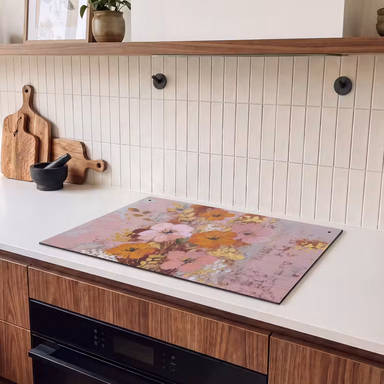 2-in-1 Herdabdeckplatte & Spritzschutz - Malerei - Blumen - Rustikal - Rosa - Schilderij - Bloemen - Rustiek - Roze Inductie beschemer met haakjes klein