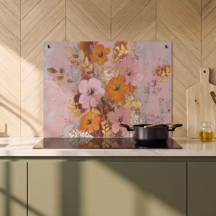 2-in-1 Herdabdeckplatte & Spritzschutz - Malerei - Blumen - Rustikal - Rosa - Schilderij - Bloemen - Rustiek - Roze Inductie beschemer met haakjes klein