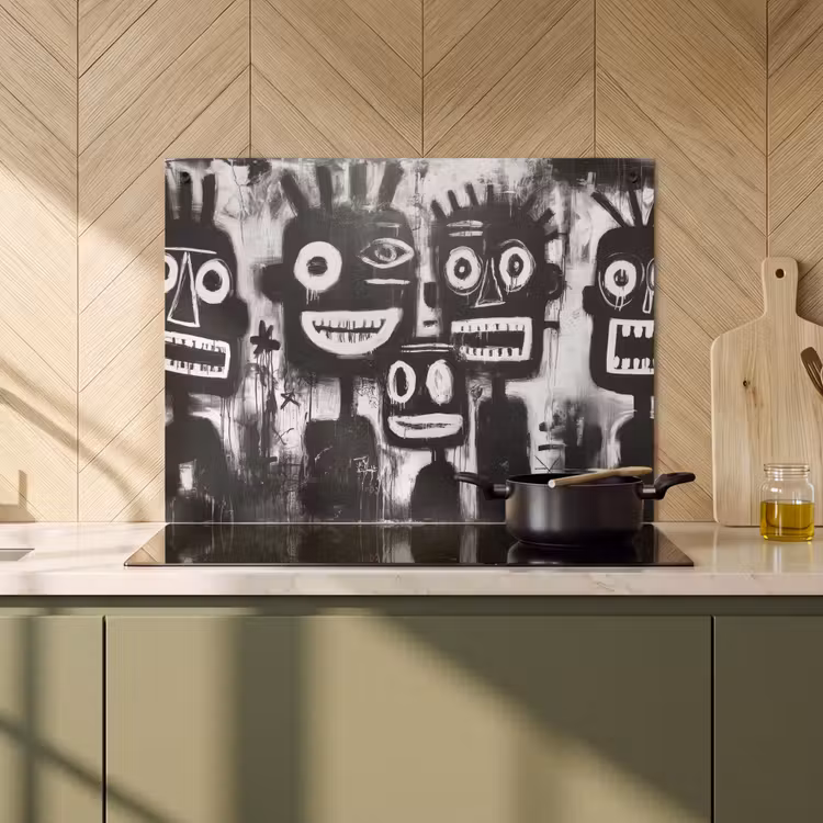 2-in-1 Herdabdeckplatte & Spritzschutz - Malerei - Figuren - Schwarz - Abstrakt - Schilderij - Figuren - Zwart - Abstract Inductie beschemer met haakjes klein
