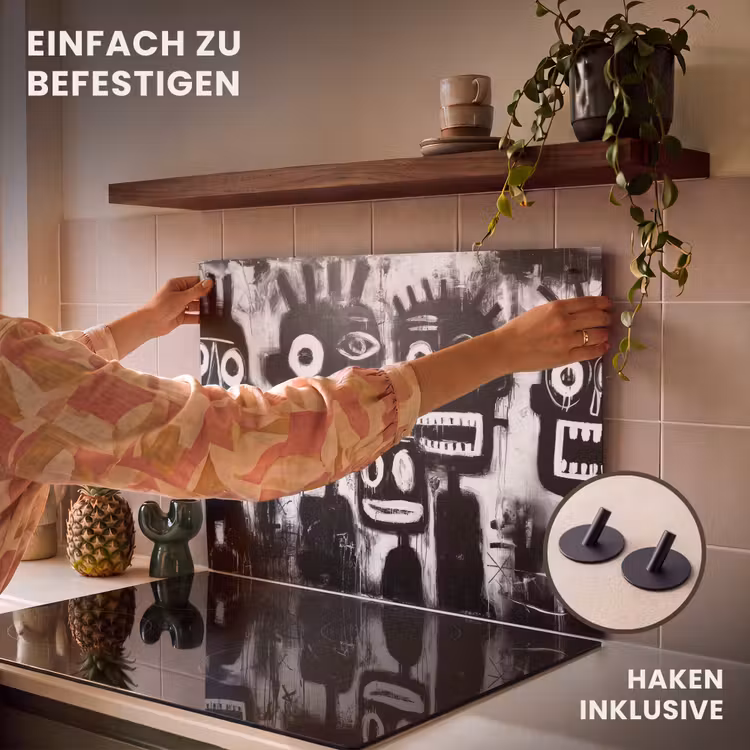 2-in-1 Herdabdeckplatte & Spritzschutz - Malerei - Figuren - Schwarz - Abstrakt - Schilderij - Figuren - Zwart - Abstract Inductie beschemer met haakjes klein