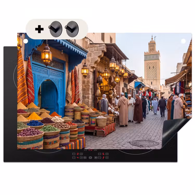 2-in-1 Herdabdeckplatte & Spritzschutz - Markt – Orientalisch – Farbenfroh - Markt - Oosters - Kleurrijk Inductie beschemer met haakjes klein
