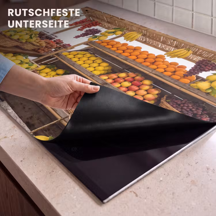 2-in-1 Herdabdeckplatte & Spritzschutz - Marktstand – Obst – Frisch - Marktkraam - Fruit - Vers Inductie beschemer met haakjes klein