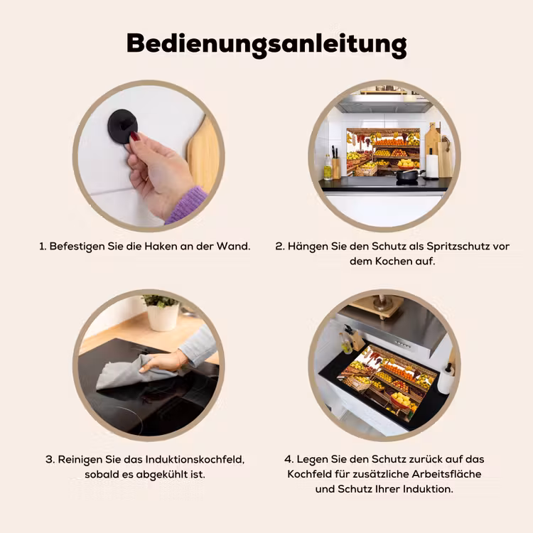 2-in-1 Herdabdeckplatte & Spritzschutz - Marktstand – Obst – Frisch - Marktkraam - Fruit - Vers Inductie beschemer met haakjes klein