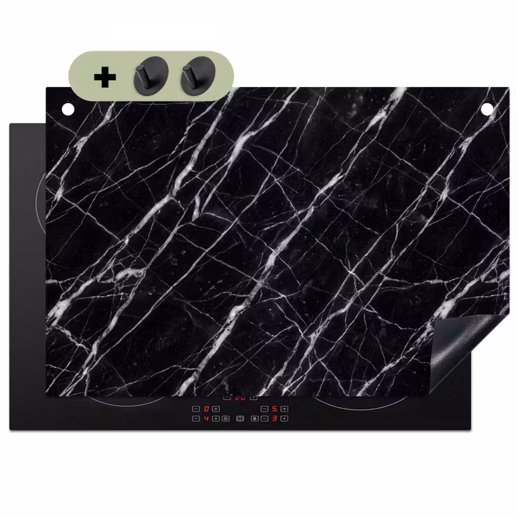 Marmer - Aders - Abstract - Zwart Inductie beschemer met haakjes klein -3d