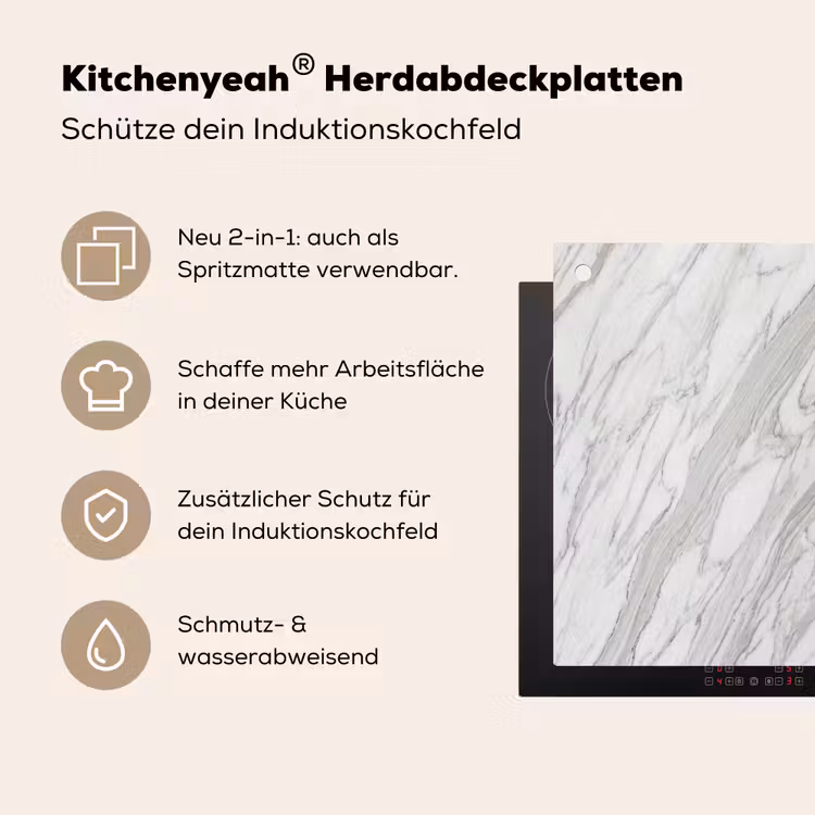 Marmer - Wit - Grijs - Structuur - Modern Inductie beschemer met haakjes klein -ky-usp-de