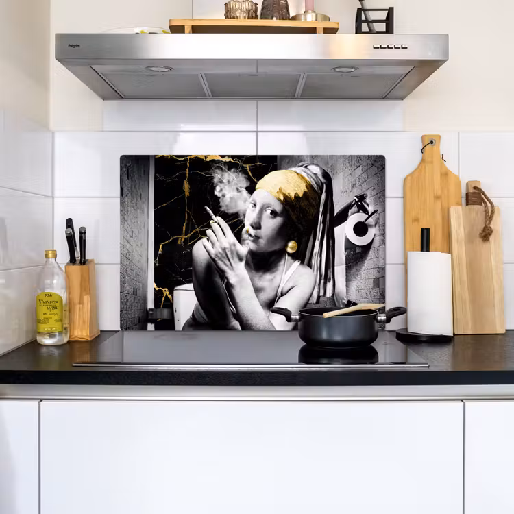 2-in-1 Herdabdeckplatte & Spritzschutz - Marmoroptik - Mädchen mit Perlenohrring - Zigaretten - Toilette - Gold - Kunst - Alte Meister - Marmerlook - Meisje met de parel - Sigaretten - Toilet - Goud - Kunst - Oude meesters Inductie beschemer met haakjes klein