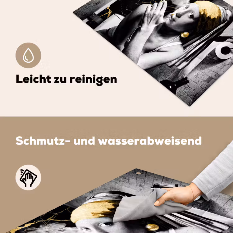 2-in-1 Herdabdeckplatte & Spritzschutz - Marmoroptik - Mädchen mit Perlenohrring - Zigaretten - Toilette - Gold - Kunst - Alte Meister - Marmerlook - Meisje met de parel - Sigaretten - Toilet - Goud - Kunst - Oude meesters Inductie beschemer met haakjes klein