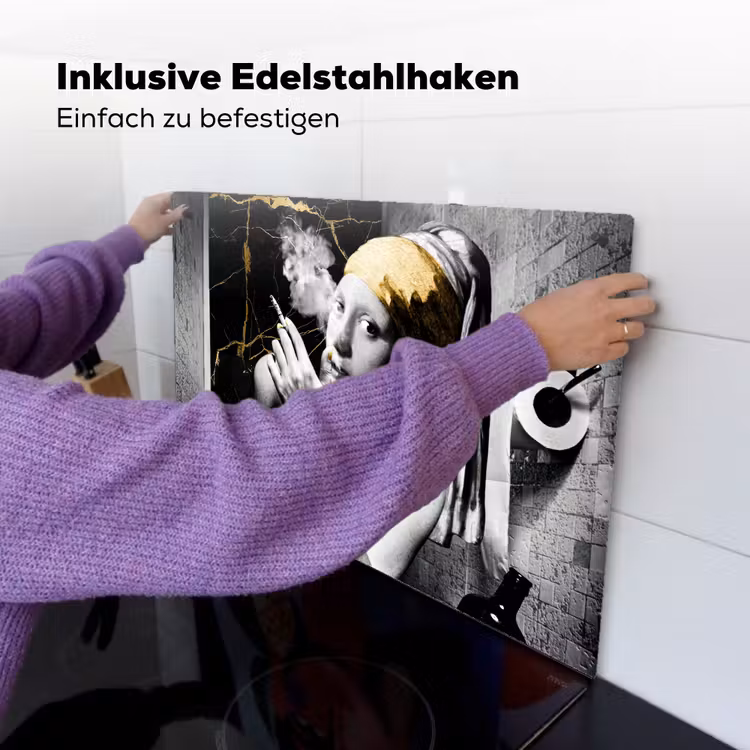 2-in-1 Herdabdeckplatte & Spritzschutz - Marmoroptik - Mädchen mit Perlenohrring - Zigaretten - Toilette - Gold - Kunst - Alte Meister - Marmerlook - Meisje met de parel - Sigaretten - Toilet - Goud - Kunst - Oude meesters Inductie beschemer met haakjes klein