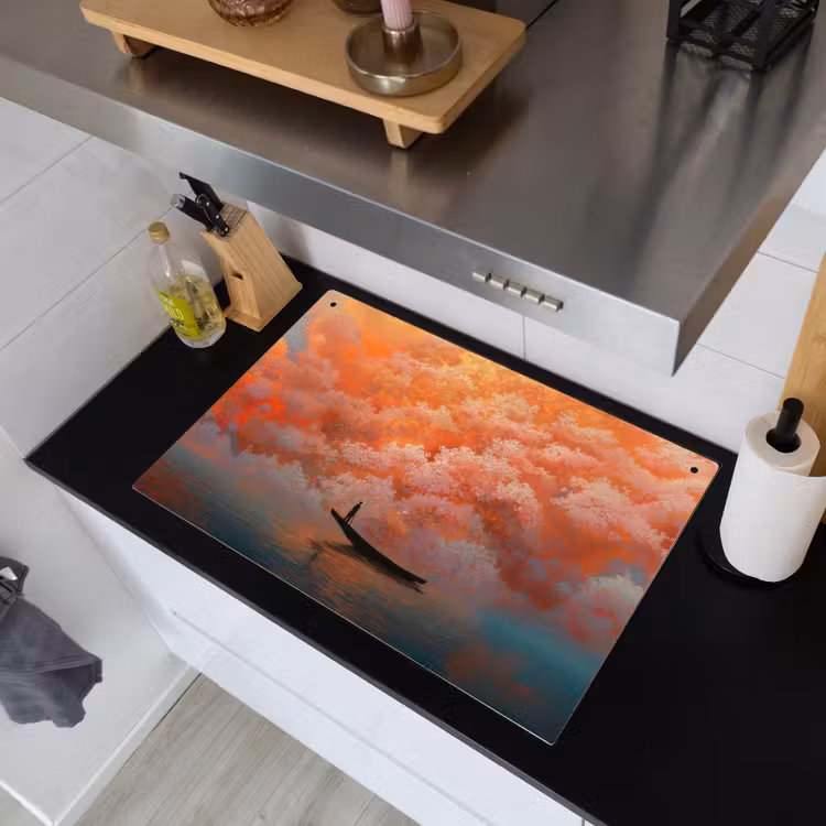 Zee - Boot - Wolken - Oranje Inductie beschemer met haakjes klein -sfeer1