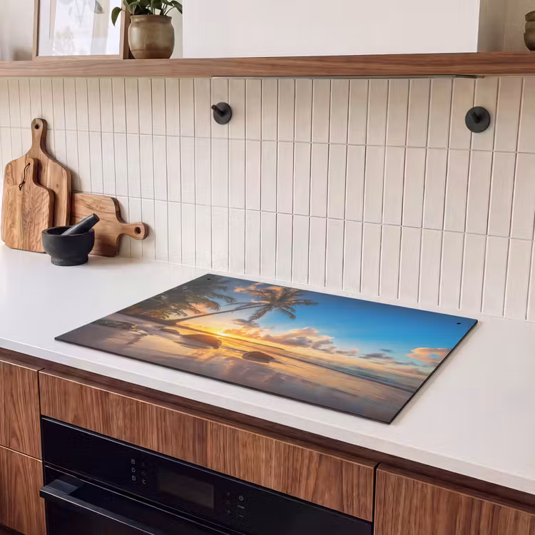 2-in-1 Herdabdeckplatte & Spritzschutz - Meer – Strand – Sonnenuntergang - Zee - Strand - Zonsondergnag Inductie beschemer met haakjes klein