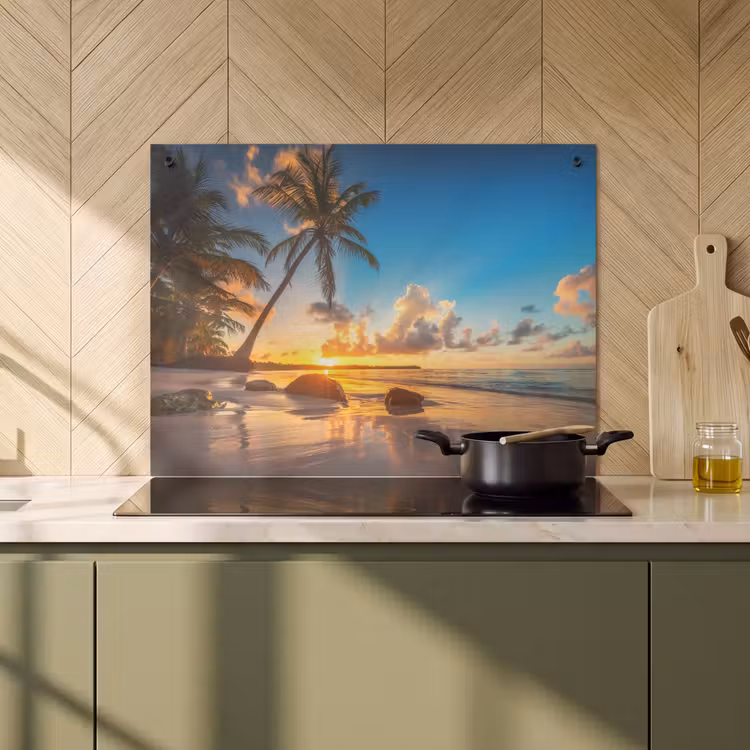 2-in-1 Herdabdeckplatte & Spritzschutz - Meer – Strand – Sonnenuntergang - Zee - Strand - Zonsondergnag Inductie beschemer met haakjes klein