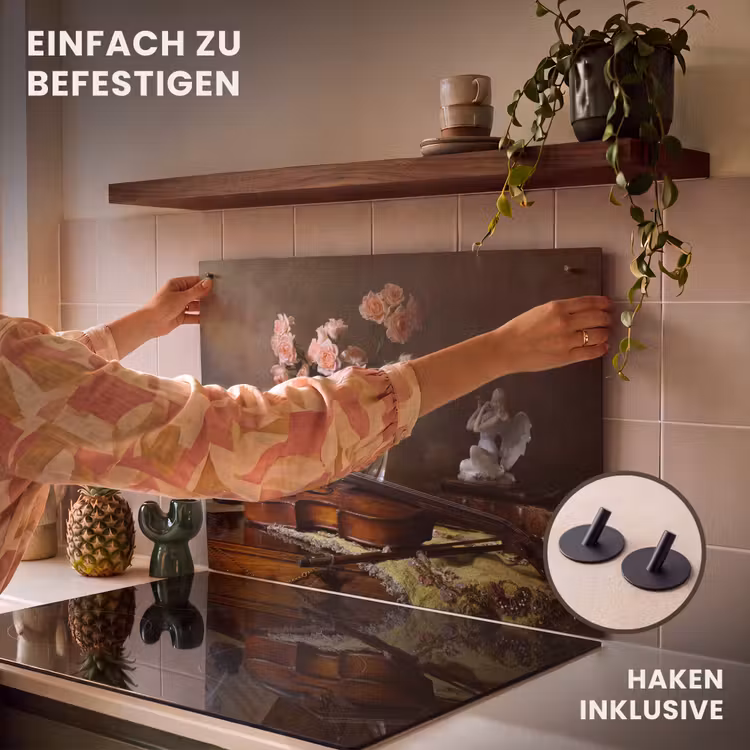 2-in-1 Herdabdeckplatte & Spritzschutz - Melodie und Blüte - Melodie en Bloei Inductie beschemer met haakjes klein