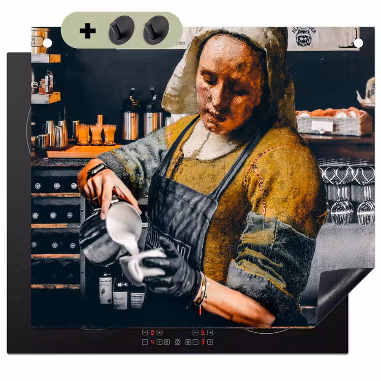 2-in-1 Herdabdeckplatte & Spritzschutz - Milchmädchen - Barista - Kaffee - Vintage - Kunst - Abstrakt - Malerei - Alte Meister - Melkmeisje - Barista - Koffie - Vintage - Kunst - Abstract - Schilderij - Oude meesters Inductie beschemer met haakjes middel