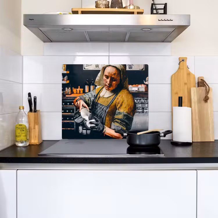 2-in-1 Herdabdeckplatte & Spritzschutz - Milchmädchen - Barista - Kaffee - Vintage - Kunst - Abstrakt - Malerei - Alte Meister - Melkmeisje - Barista - Koffie - Vintage - Kunst - Abstract - Schilderij - Oude meesters Inductie beschemer met haakjes middel