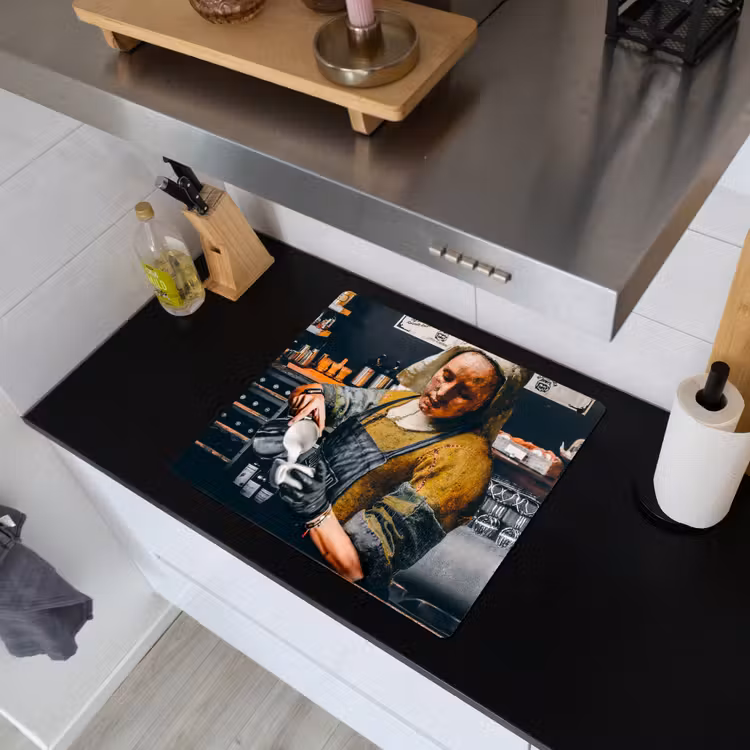 2-in-1 Herdabdeckplatte & Spritzschutz - Milchmädchen - Barista - Kaffee - Vintage - Kunst - Abstrakt - Malerei - Alte Meister - Melkmeisje - Barista - Koffie - Vintage - Kunst - Abstract - Schilderij - Oude meesters Inductie beschemer met haakjes middel