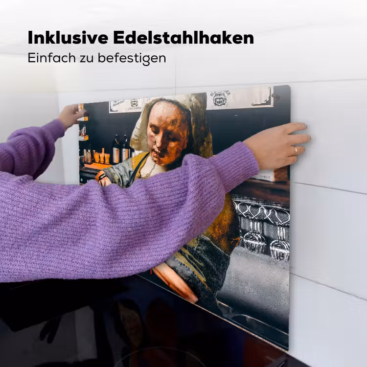 2-in-1 Herdabdeckplatte & Spritzschutz - Milchmädchen - Barista - Kaffee - Vintage - Kunst - Abstrakt - Malerei - Alte Meister - Melkmeisje - Barista - Koffie - Vintage - Kunst - Abstract - Schilderij - Oude meesters Inductie beschemer met haakjes middel
