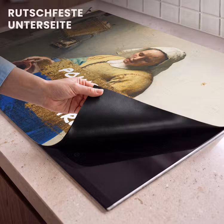 2-in-1 Herdabdeckplatte & Spritzschutz - Milchmädchen - Gold - Zitate - Gemälde - Alte Meister - Melkmeisje - Goud - Quotes - Schilderij - Oude meesters Inductie beschemer met haakjes klein