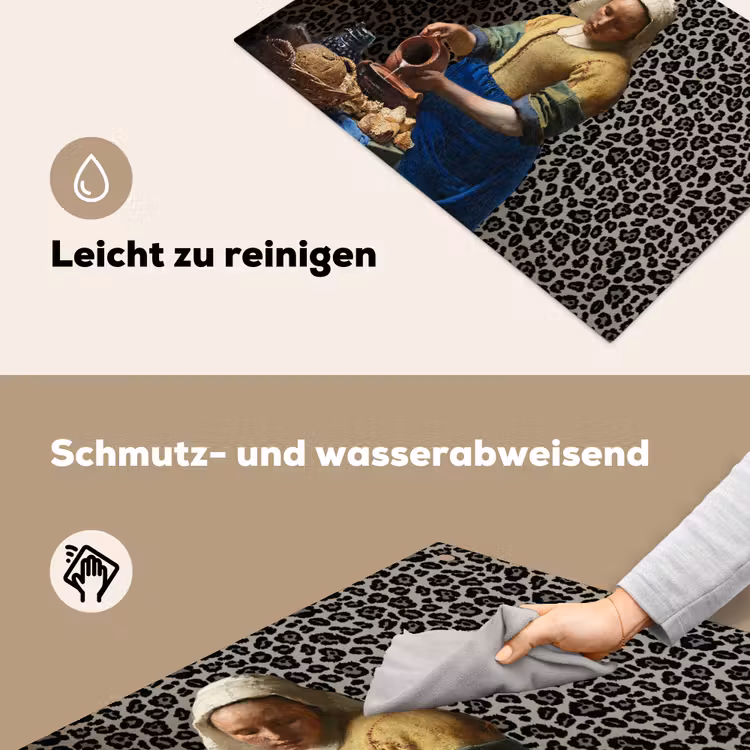 2-in-1 Herdabdeckplatte & Spritzschutz - Milchmädchen - Kunst - Pantherdruck - Vermeer - Gemälde - Alte Meister - Melkmeisje - Kunst - Panterprint - Vermeer - Schilderij - Oude meesters Inductie beschemer met haakjes klein