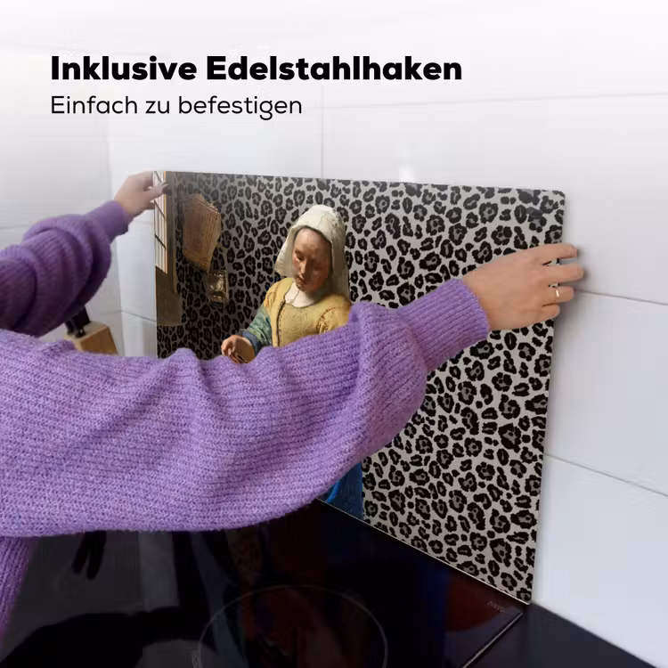 2-in-1 Herdabdeckplatte & Spritzschutz - Milchmädchen - Kunst - Pantherdruck - Vermeer - Gemälde - Alte Meister - Melkmeisje - Kunst - Panterprint - Vermeer - Schilderij - Oude meesters Inductie beschemer met haakjes klein
