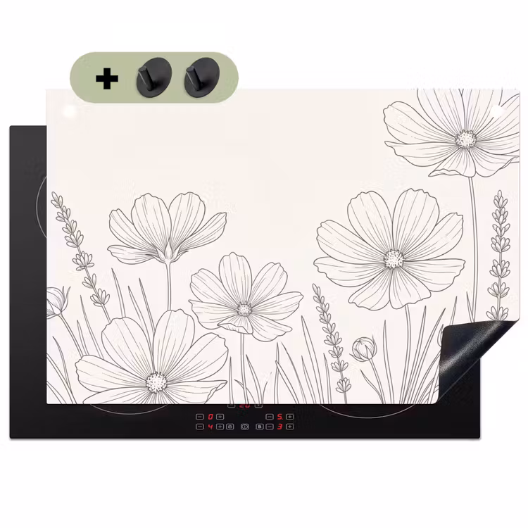 Minimalistisch - Modern - Bloemen - Beige Inductie beschemer met haakjes klein -3d