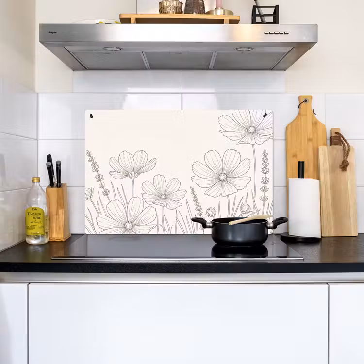 Minimalistisch - Modern - Bloemen - Beige Inductie beschemer met haakjes klein -sfeer2
