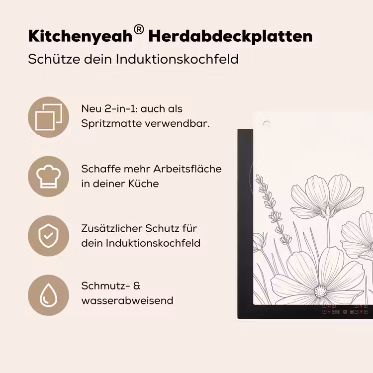 Minimalistisch - Modern - Bloemen - Beige Inductie beschemer met haakjes klein -ky-usp-de
