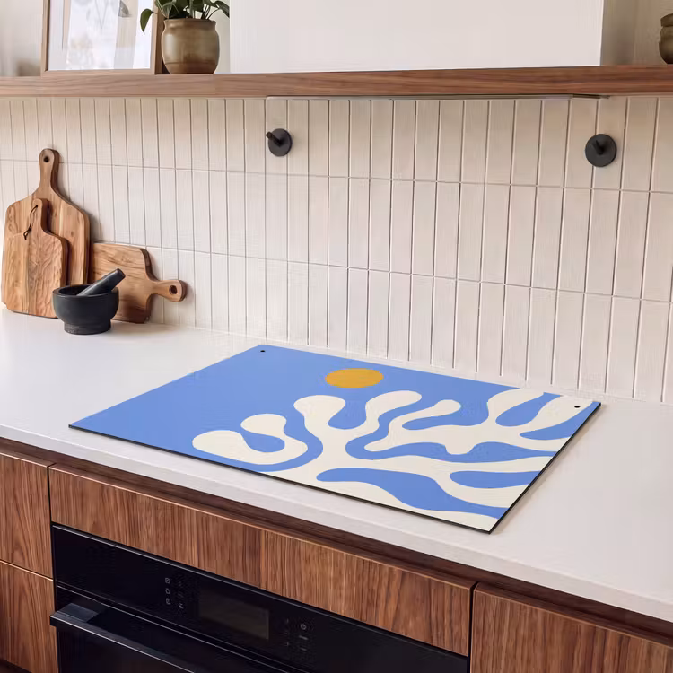 2-in-1 Herdabdeckplatte & Spritzschutz - Minimalistisch - Organisches Muster - Blau - Minimalistisch - Organisch patroon - Blauw Inductie beschemer met haakjes klein
